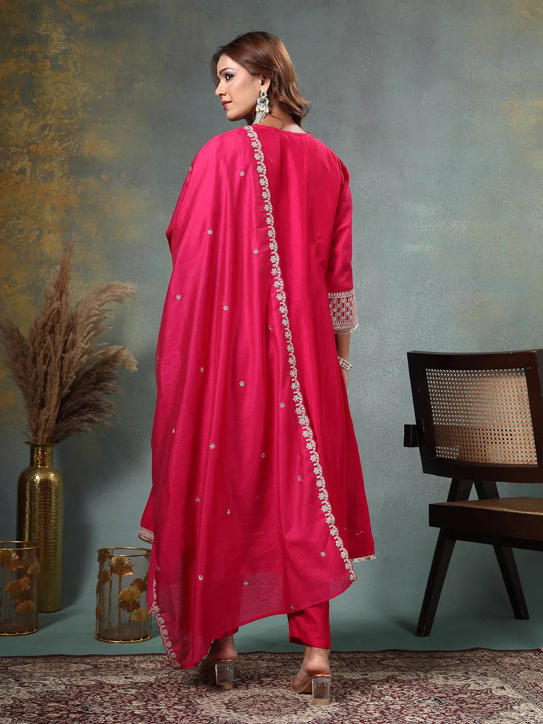 Pink Zari Work Yoke Or Border Anarkali Silk Blend Kurta Trouser Dupatta Set