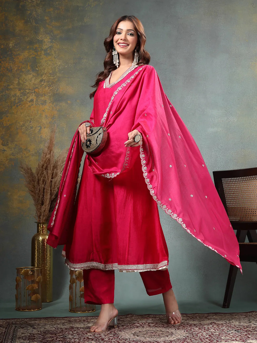 Pink Zari Work Yoke Or Border Anarkali Silk Blend Kurta Trouser Dupatta Set