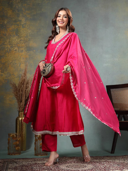 Pink Zari Work Yoke Or Border Anarkali Silk Blend Kurta Trouser Dupatta Set