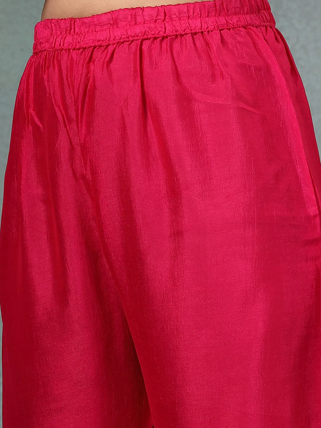 Pink Zari Work Yoke Or Border Anarkali Silk Blend Kurta Trouser Dupatta Set