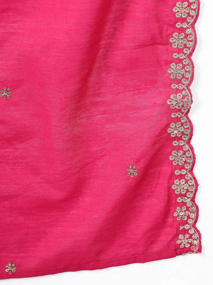 Pink Zari Work Yoke Or Border Anarkali Silk Blend Kurta Trouser Dupatta Set