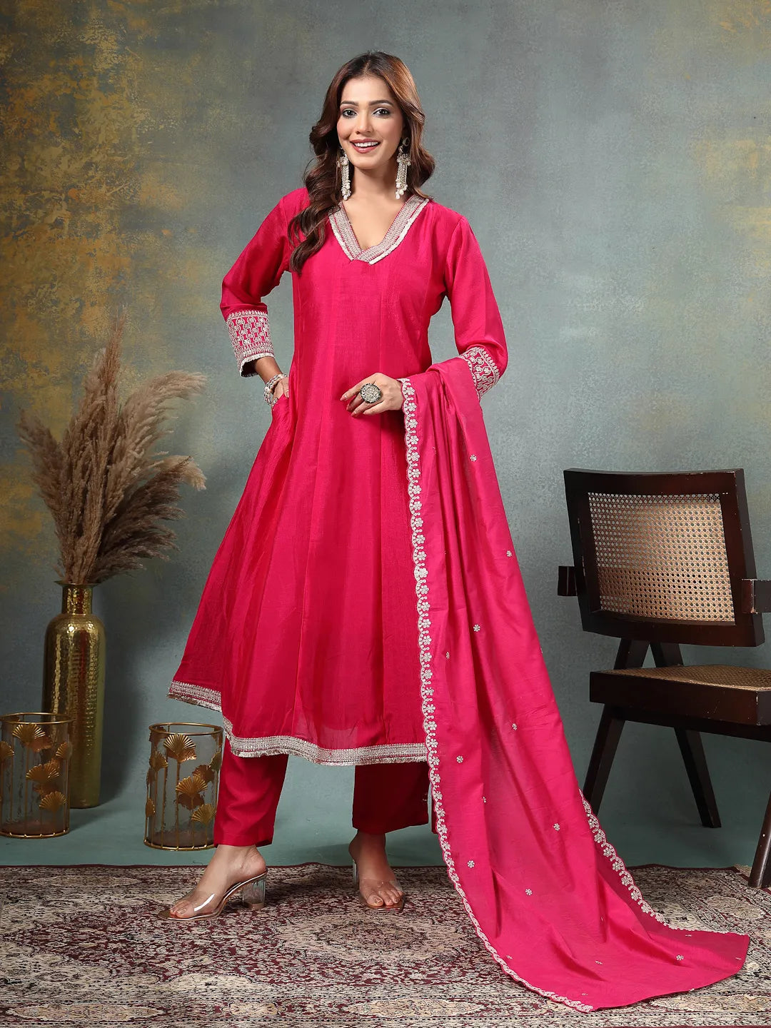 Pink Zari Work Yoke Or Border Anarkali Silk Blend Kurta Trouser Dupatta Set