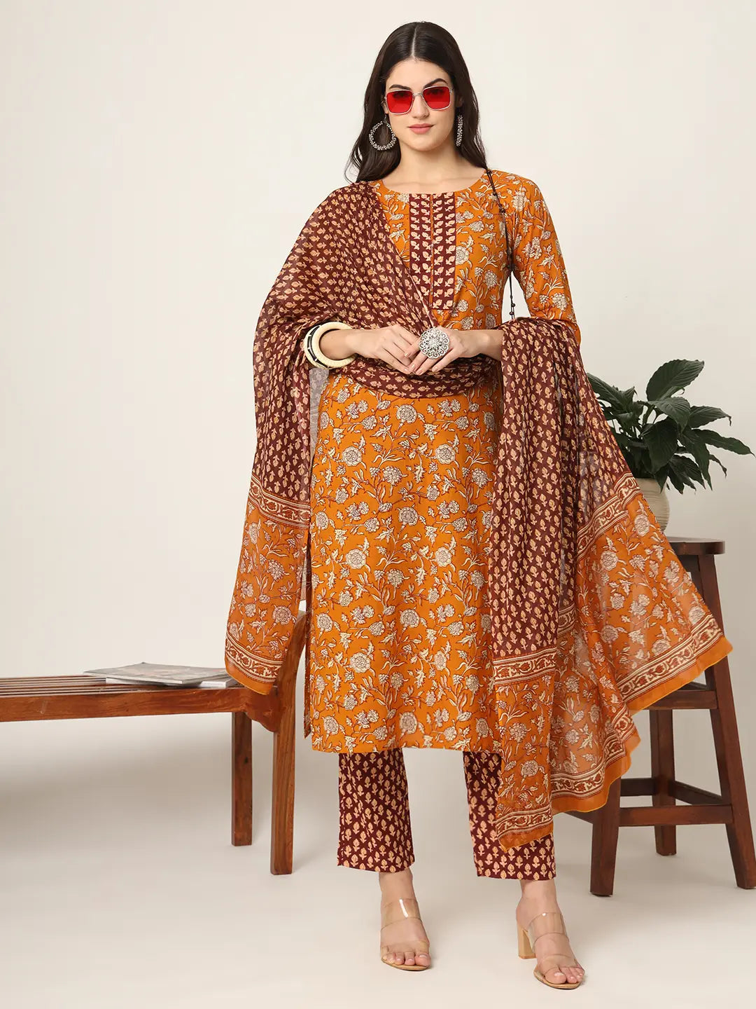 Piping On Yoke Floral Print Mustard Cotton Kurta Set With Dupatta Set