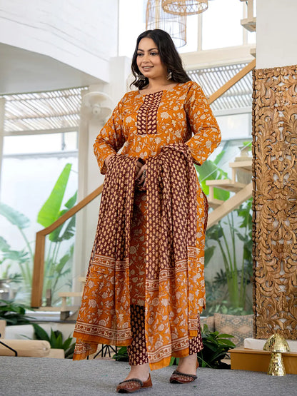 Piping On Yoke Floral Print Mustard Cotton Plus Size Kurta Set With Dupatta Set