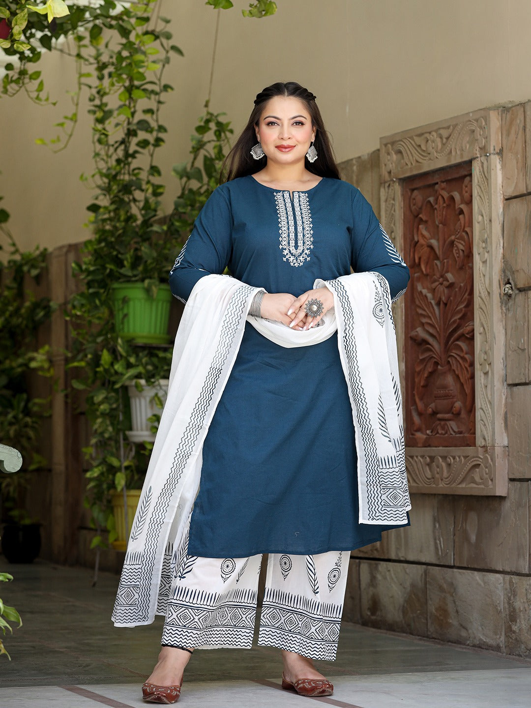 Plus Size Embroidered Cotton Kurta Dupatta Set