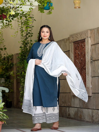 Plus Size Embroidered Cotton Kurta Dupatta Set