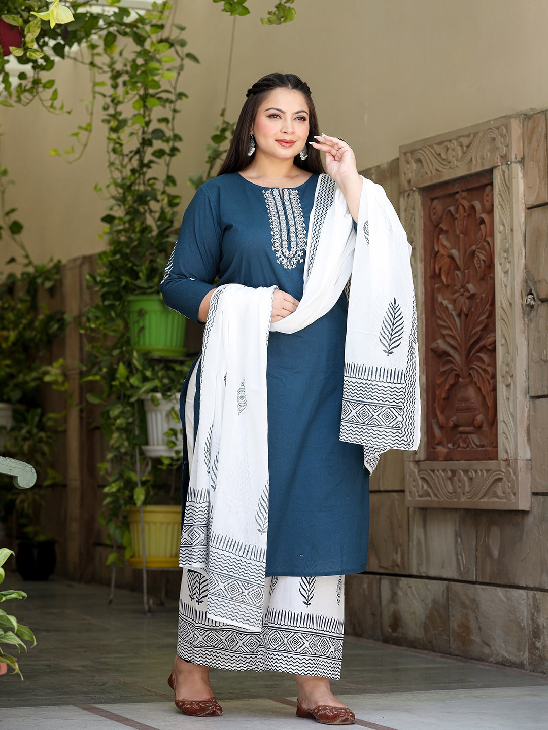 Plus Size Embroidered Cotton Kurta Dupatta Set