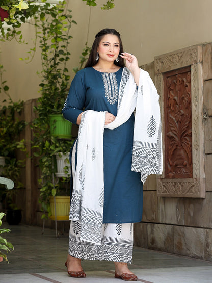 Plus Size Embroidered Cotton Kurta Dupatta Set