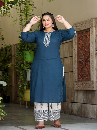Plus Size Embroidered Cotton Kurta Dupatta Set