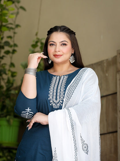 Plus Size Embroidered Cotton Kurta Dupatta Set