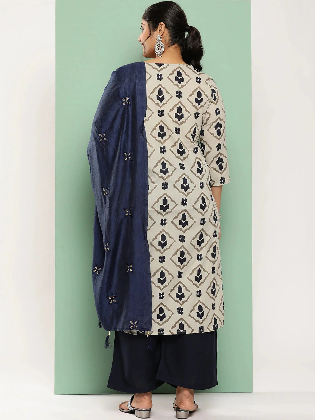 Plus Size Ethnic Motifs Printed Pure Cotton Kurta With Palazzos &amp; With Dupatta