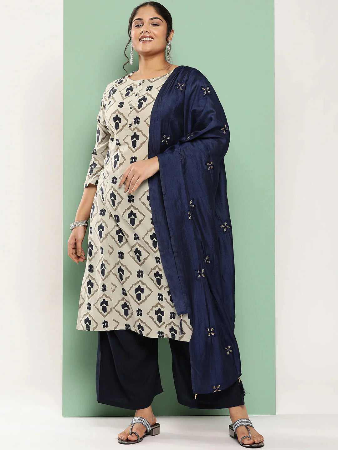 Plus Size Ethnic Motifs Printed Pure Cotton Kurta With Palazzos &amp; With Dupatta