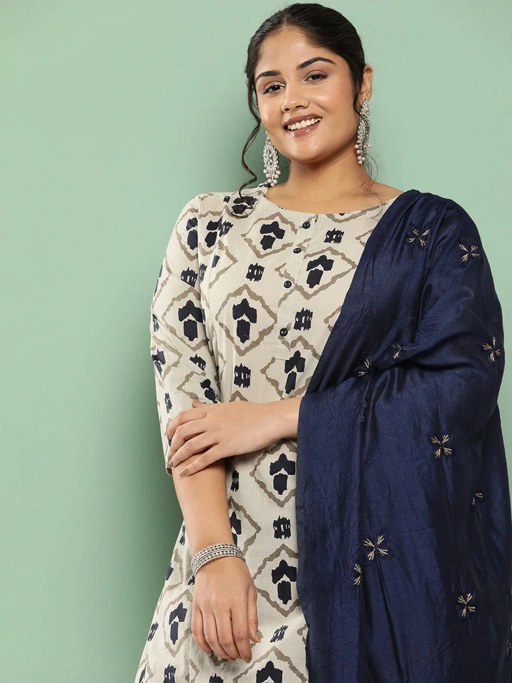 Plus Size Ethnic Motifs Printed Pure Cotton Kurta With Palazzos &amp; With Dupatta