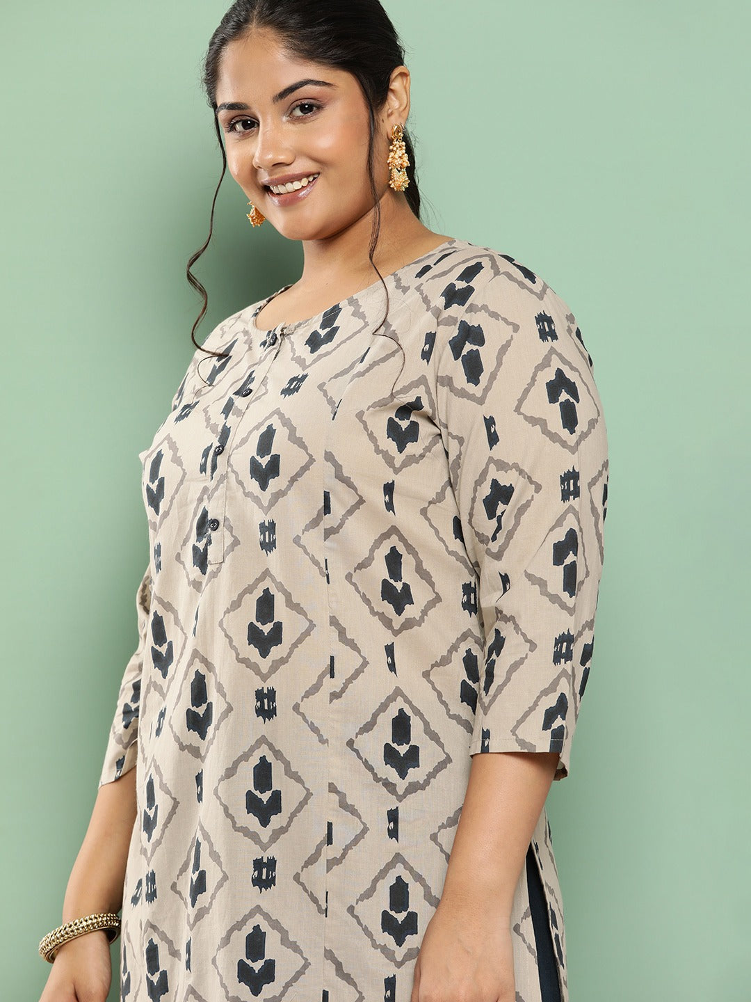 Plus Size Ethnic Motifs Printed Regular Cotton Kurta With Palazzos