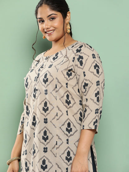 Plus Size Ethnic Motifs Printed Regular Cotton Kurta With Palazzos