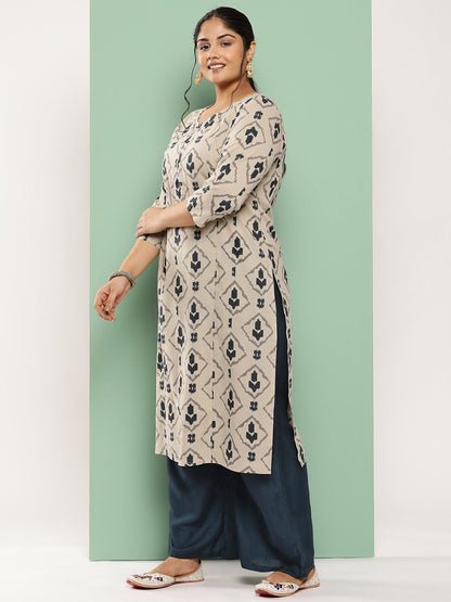 Plus Size Ethnic Motifs Printed Regular Cotton Kurta With Palazzos