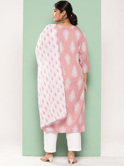 Plus Size Ethnic Motifs Printed Regular Kurta With Trousers & With Dupatta