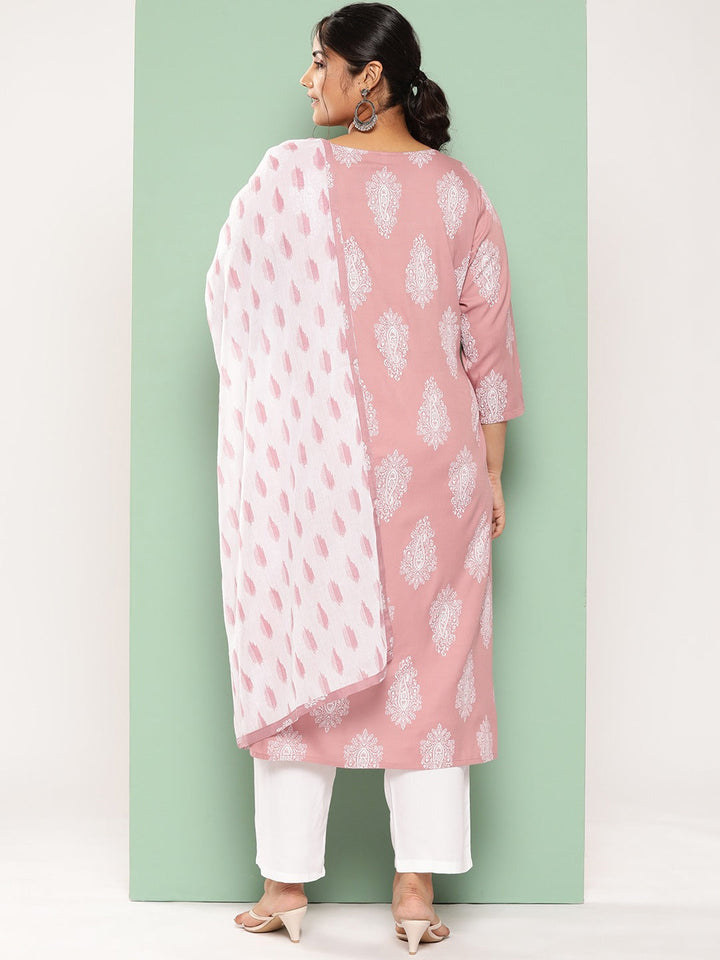 Plus Size Ethnic Motifs Printed Regular Kurta With Trousers &amp; With Dupatta