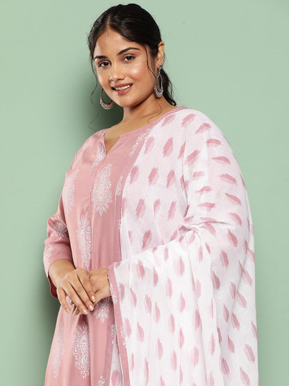 Plus Size Ethnic Motifs Printed Regular Kurta With Trousers & With Dupatta