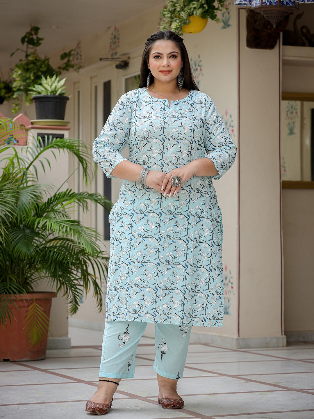 Plus Size Floral Cotton Kurta Dupatta Set