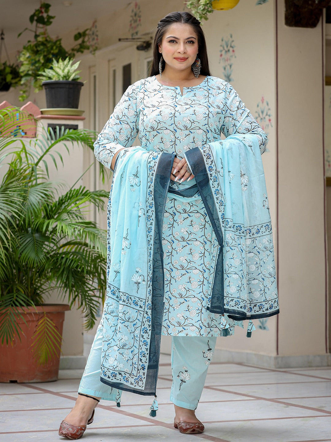 Plus Size Floral Cotton Kurta Dupatta Set