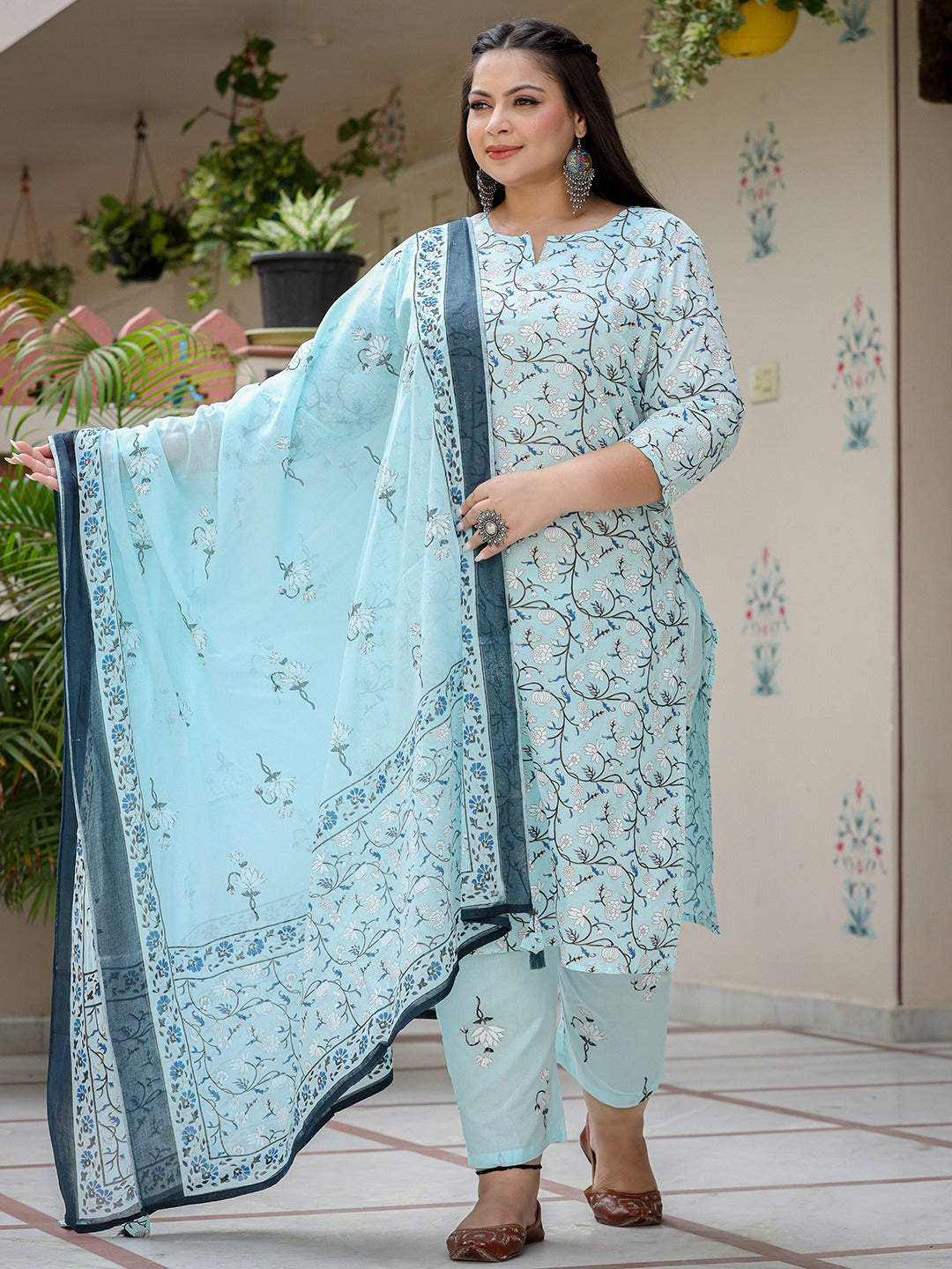 Plus Size Floral Cotton Kurta Dupatta Set