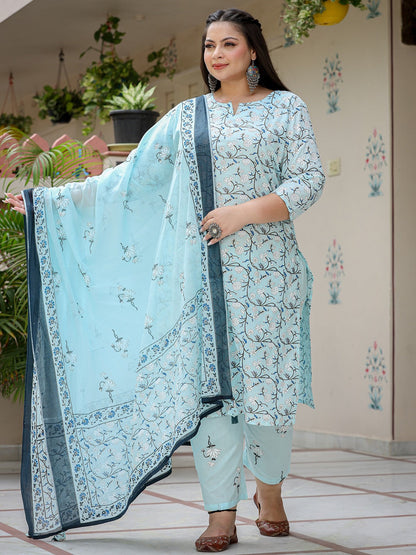 Plus Size Floral Cotton Kurta Dupatta Set
