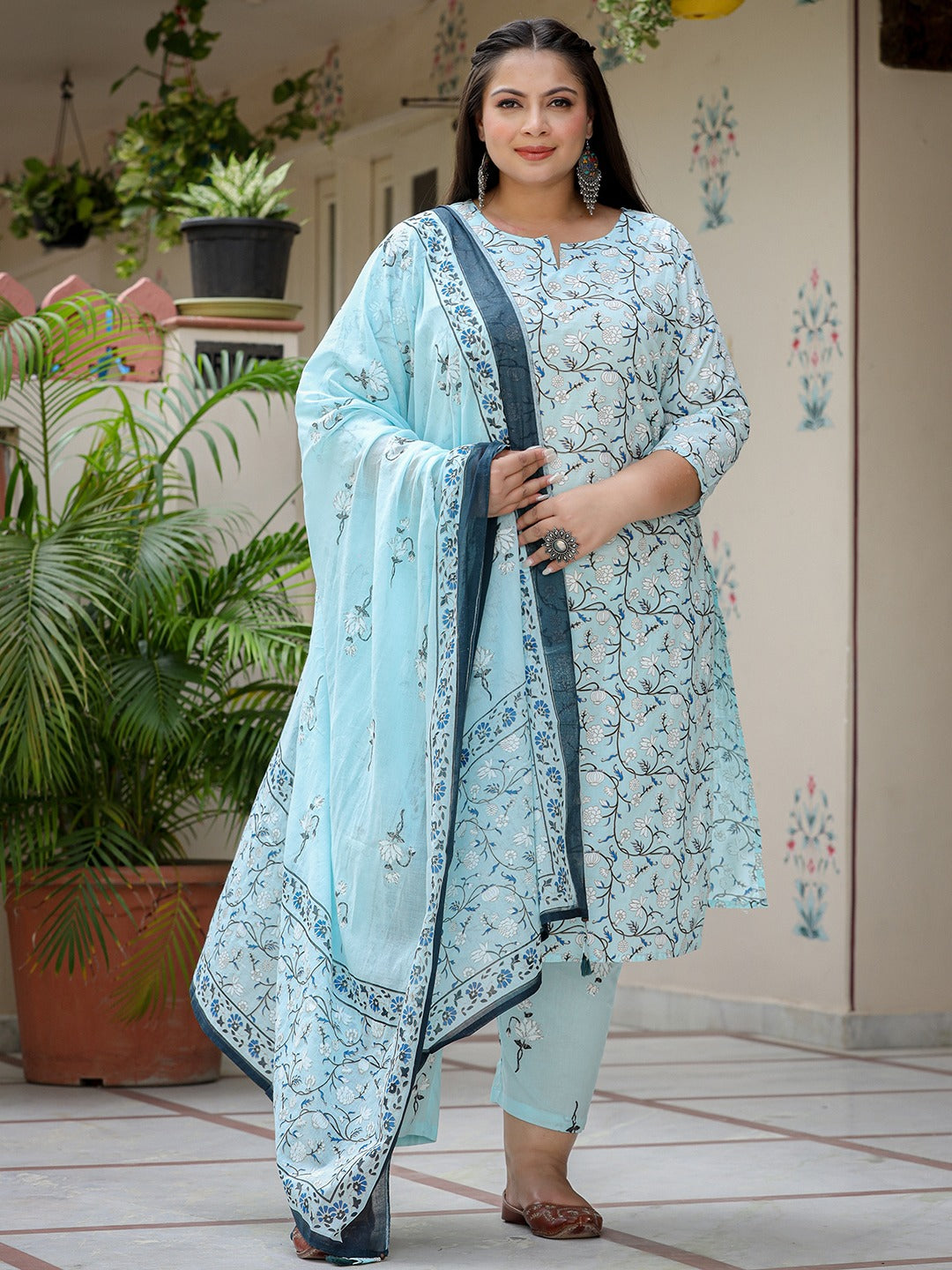 Plus Size Floral Cotton Kurta Dupatta Set