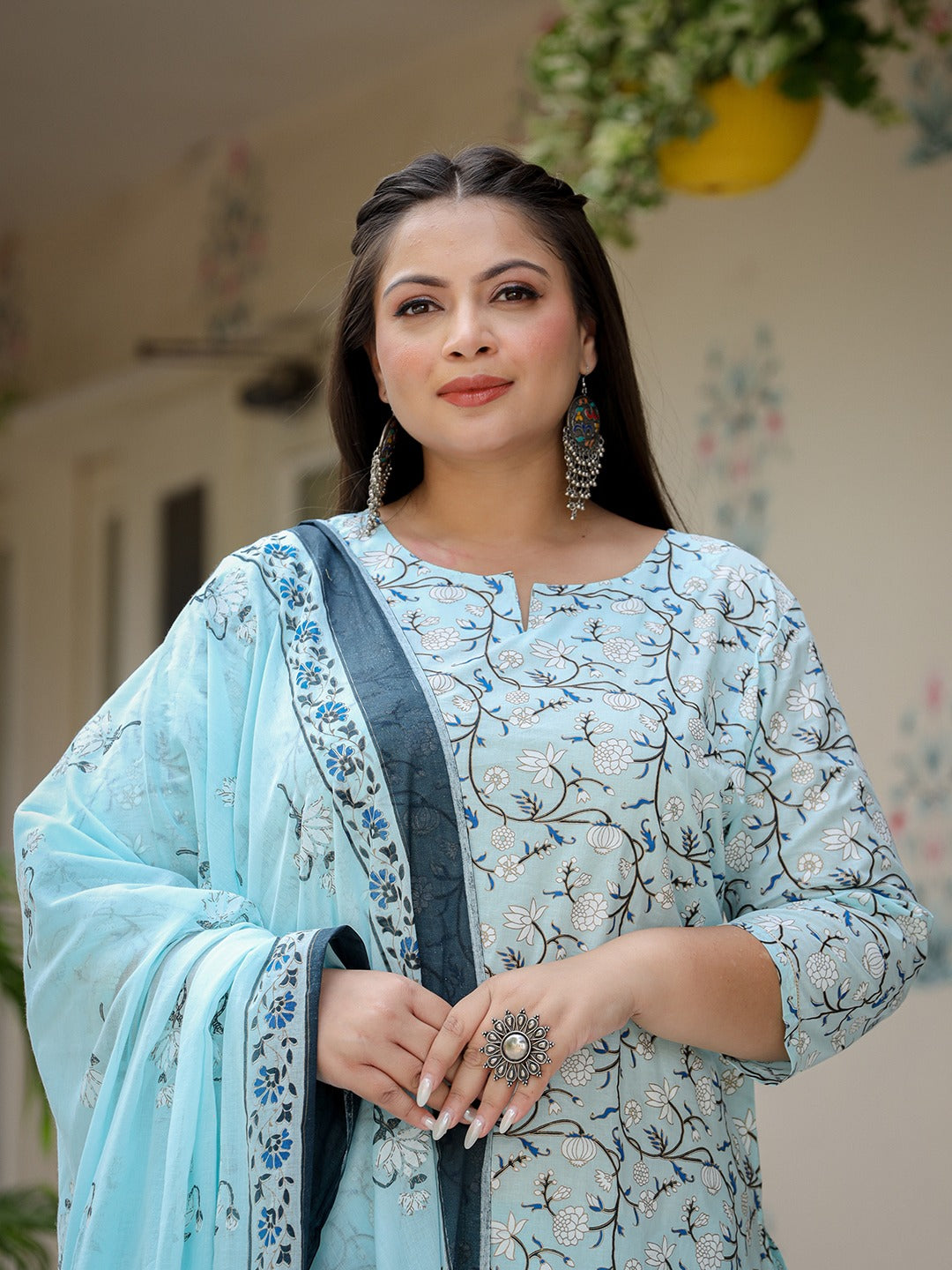 Plus Size Floral Cotton Kurta Dupatta Set
