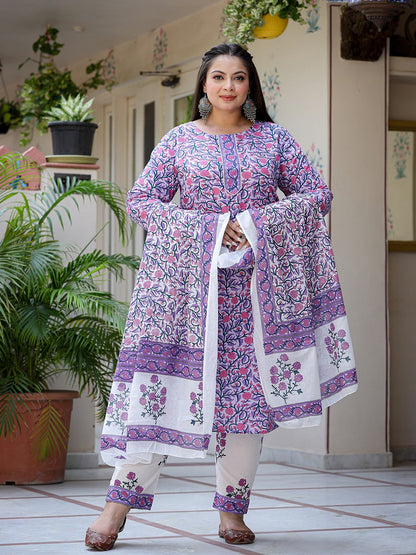 Plus Size Lavender & White Printed Dupatta Set