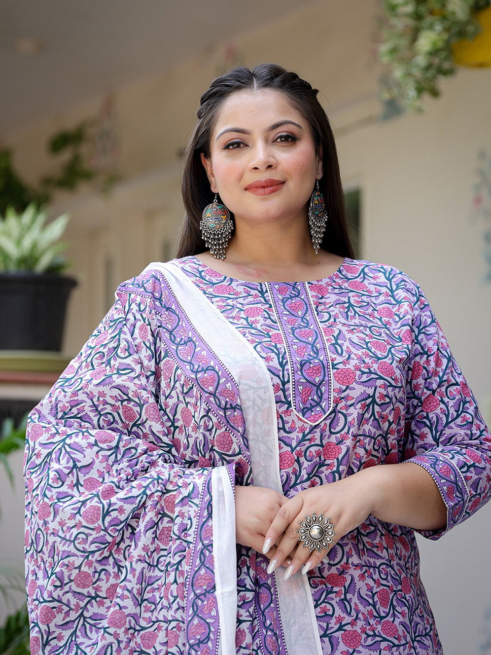 Plus Size Lavender & White Printed Dupatta Set