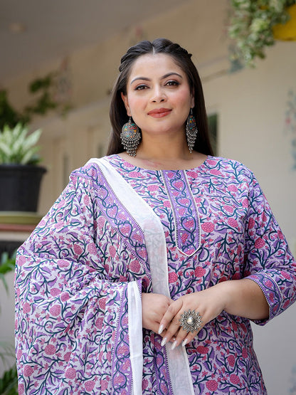 Plus Size Lavender & White Printed Dupatta Set