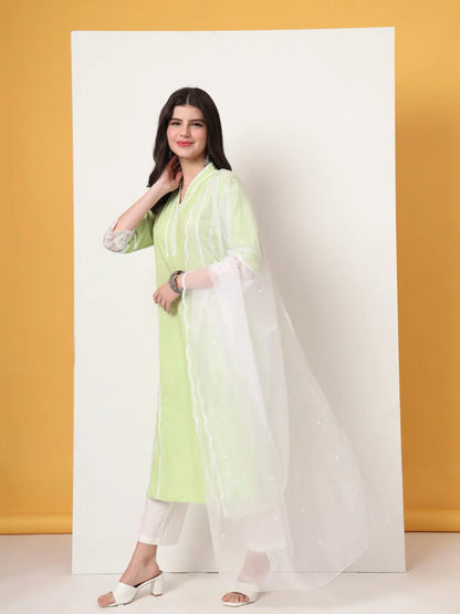 Premium Cotton Poplin Green Kurta Dupatta Pant Set