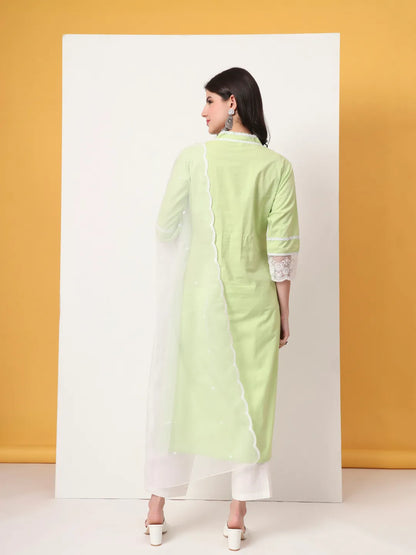 Premium Cotton Poplin Green Kurta Dupatta Pant Set