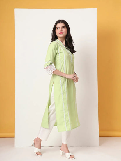 Premium Cotton Poplin Green Kurta Dupatta Pant Set