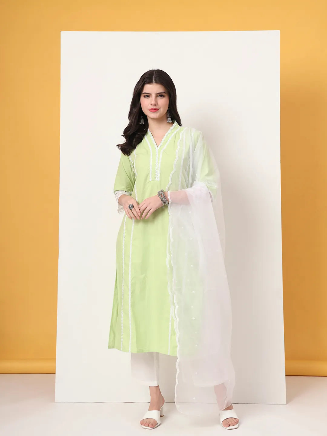 Premium Cotton Poplin Green Kurta Dupatta Pant Set