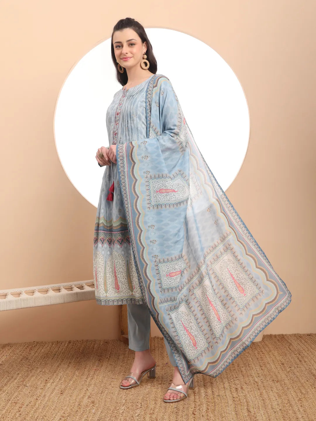 Premium Mul Cotton Blue Kurta Dupatta Pant Set