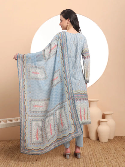 Premium Mul Cotton Blue Kurta Dupatta Pant Set