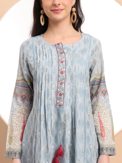Premium Mul Cotton Blue Kurta Dupatta Pant Set