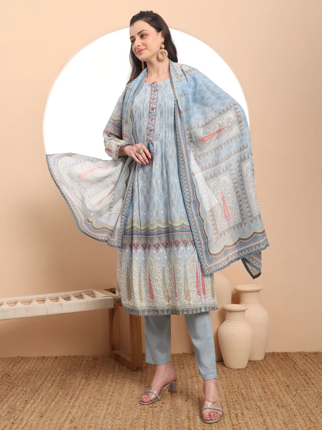 Premium Mul Cotton Blue Kurta Dupatta Pant Set