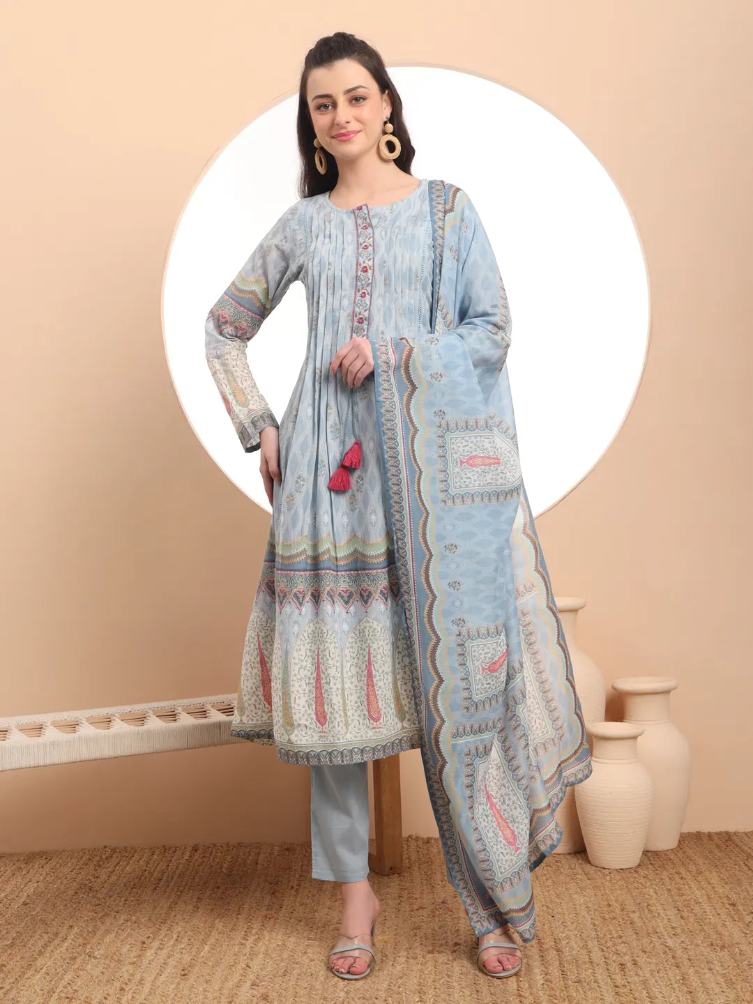 Premium Mul Cotton Blue Kurta Dupatta Pant Set