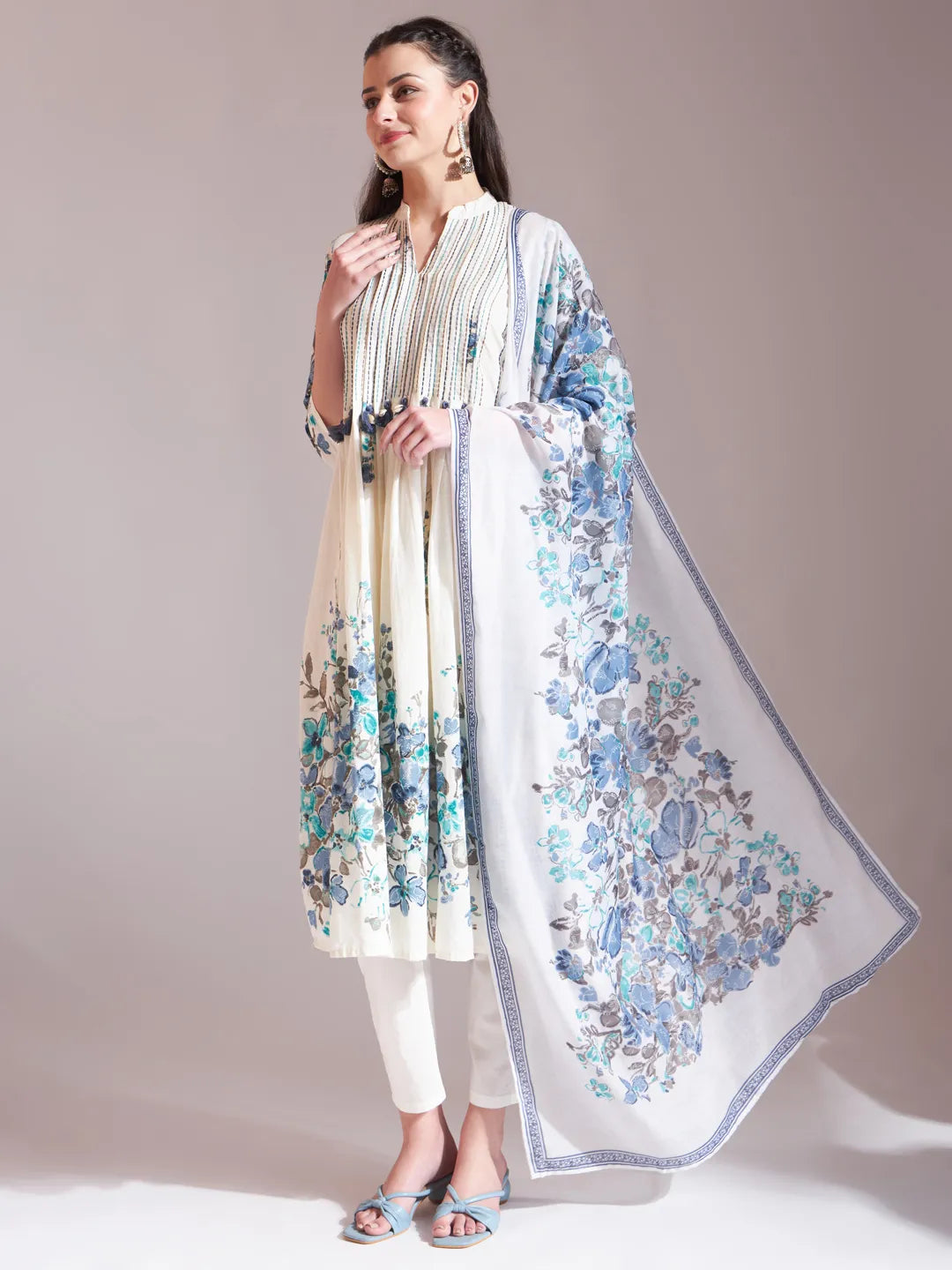 Premium Mul Cotton Blue Tassel Work Flared Kurta Dupatta Pant Set