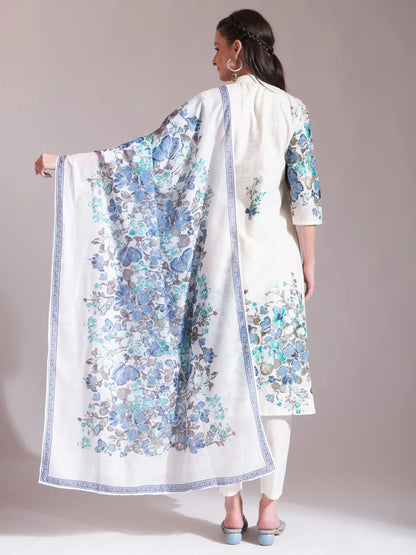 Premium Mul Cotton Blue Tassel Work Flared Kurta Dupatta Pant Set