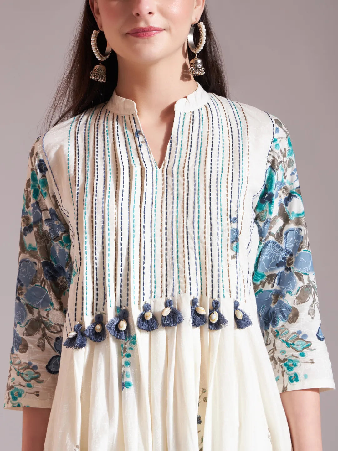 Premium Mul Cotton Blue Tassel Work Flared Kurta Dupatta Pant Set