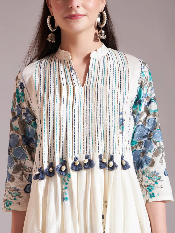 Premium Mul Cotton Blue Tassel Work Flared Kurta Dupatta Pant Set