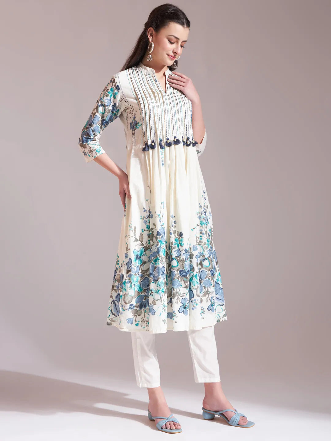 Premium Mul Cotton Blue Tassel Work Flared Kurta Dupatta Pant Set