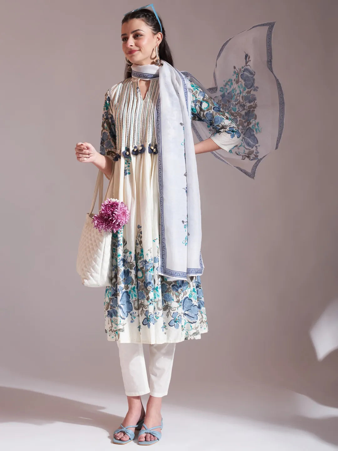 Premium Mul Cotton Blue Tassel Work Flared Kurta Dupatta Pant Set