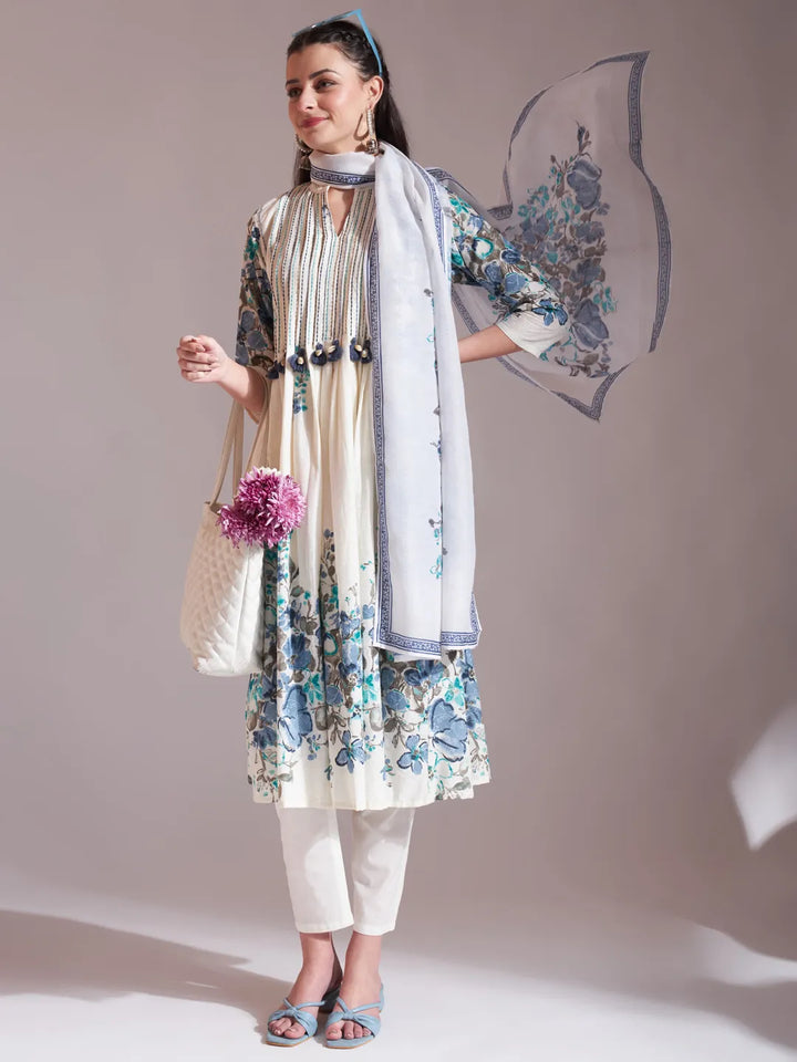 Premium Mul Cotton Blue Tassel Work Flared Kurta Dupatta Pant Set