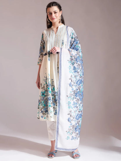 Premium Mul Cotton Blue Tassel Work Flared Kurta Dupatta Pant Set