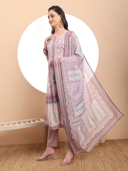 Premium Mul Cotton Lavender Kurta Dupatta Pant Set